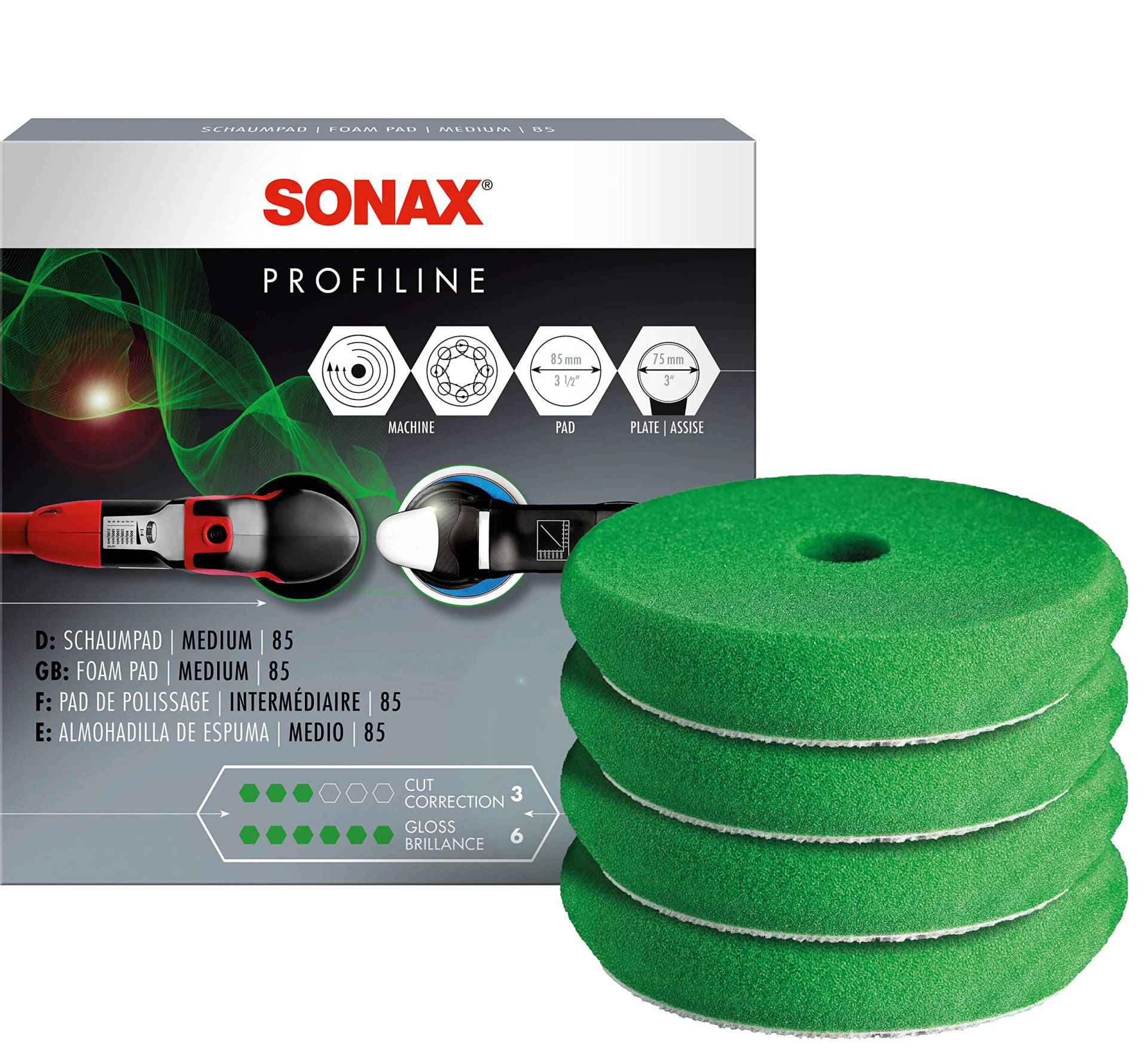 SONAX SchaumPad medium 85 (4 Stück) mittelharter, offenporiger Schwamm zum maschinellen Polieren von Lacken | Art-Nr. 04942410 von SONAX