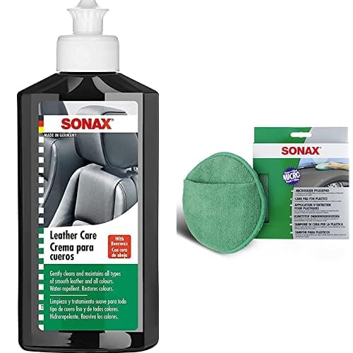 SONAX 291141 Leder-Pflege-Lotion, 250 ml & MicrofaserPflegePad (1 Stück) für gleichmäßiges Auftragen von Kunststoffpflegemitteln im Innenraum und EIN gründliches Ergebnis | Art-Nr. 04172000 von SONAX