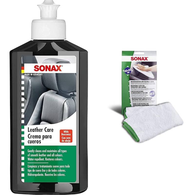 SONAX 291141 Leder-Pflege-Lotion, 250 ml & Microfasertuch für Polster, Textil und Leder zur fusselfreien Fahrzeuginnenreinigung (40x40 cm), bei 60°C waschbar | Art-Nr. 04168000 von SONAX