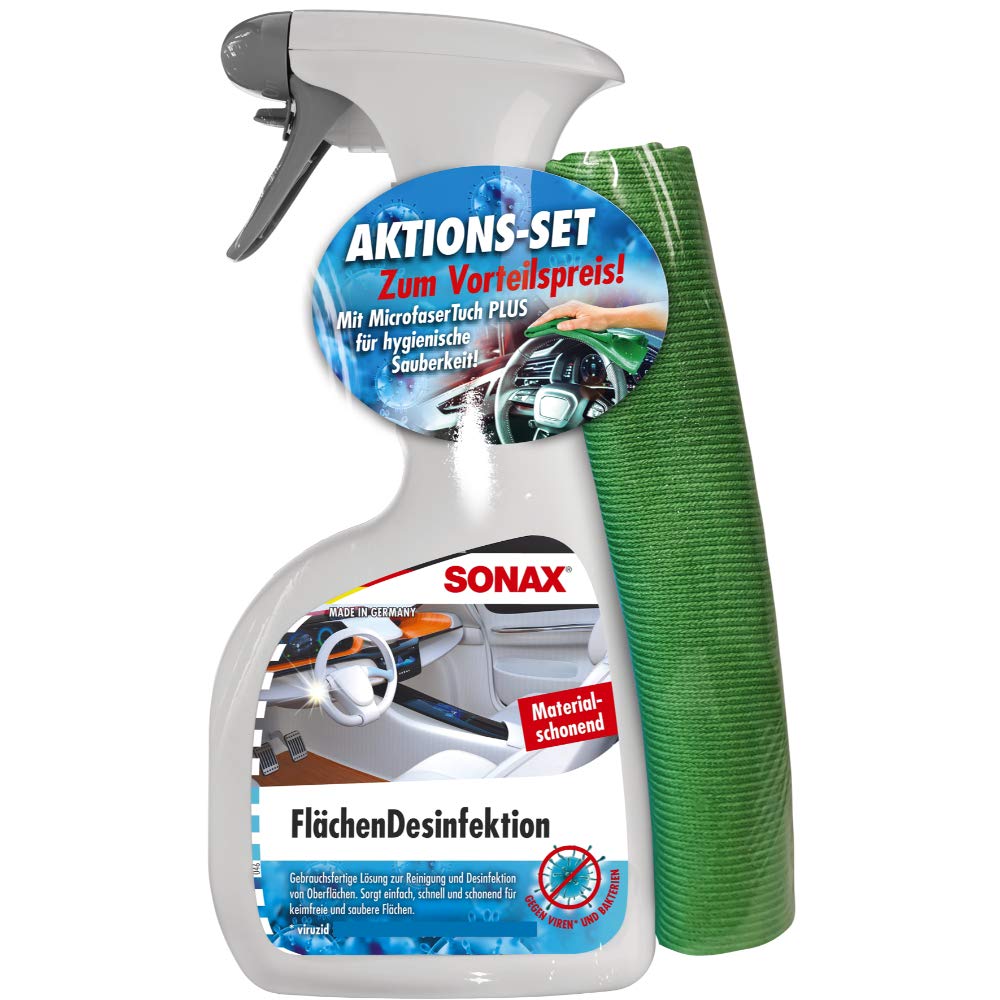 SONAX FlächenDesinfektion (500 ml) + MicrofaserTuch grün (1 Stück) gebrauchsfertige Lösung zur Reinigung und Desinfektion von allen harten Oberflächen rund ums Auto | Art-Nr. 04038410 von SONAX