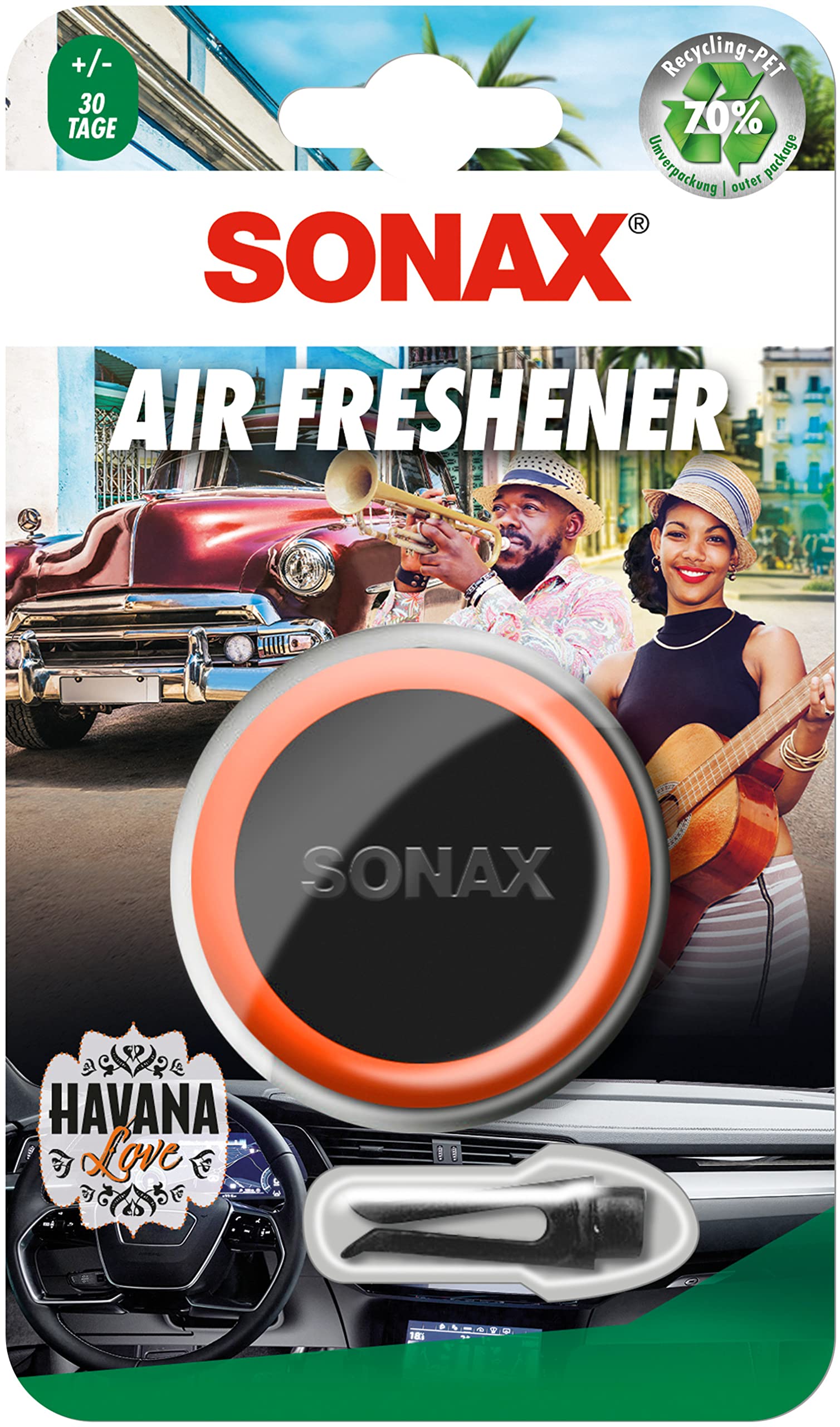 SONAX Air Freshener Havana Love (1 Stück) Lufterfrischer mit karibisch fruchtigem Duft und langanhaltendem Dufterlebnis für den Fahrzeuginnenraum | Art-Nr. 03680410, Orange von SONAX