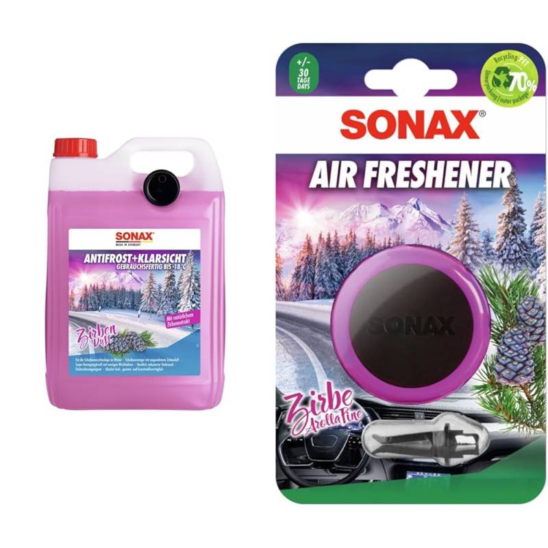 SONAX AntiFrost+KlarSicht Gebrauchsfertig bis -18 °C Zirbe (5 Liter) schneller| Art-Nr. 01315050 + Air Freshener Zirbe (1 Stück) Art-Nr. 03670410 von SONAX