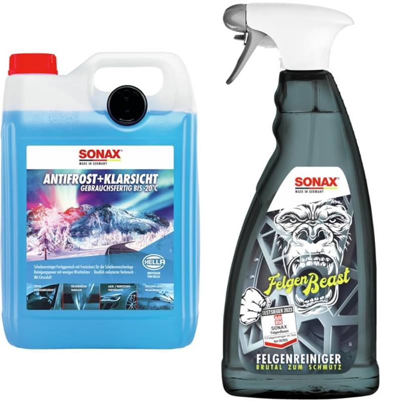 SONAX AntiFrost+KlarSicht Gebrauchsfertig bis -20°C (5 Liter) & FelgenBeast (1 Liter) Felgenreiniger für alle polierten, verchromten und matten Stahl- & Leichtmetallfelgen | Art-Nr. 04333000 von SONAX