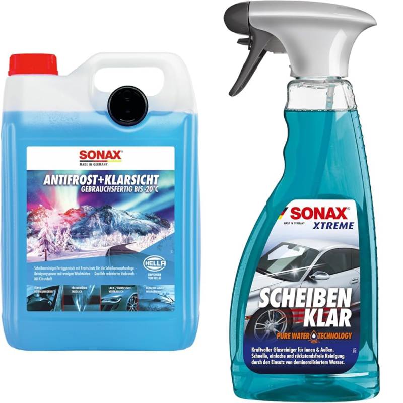 SONAX AntiFrost+KlarSicht Gebrauchsfertig bis -20°C (5 Liter) & XTREME ScheibenKlar - Pure Water Technology (500 ml) von SONAX