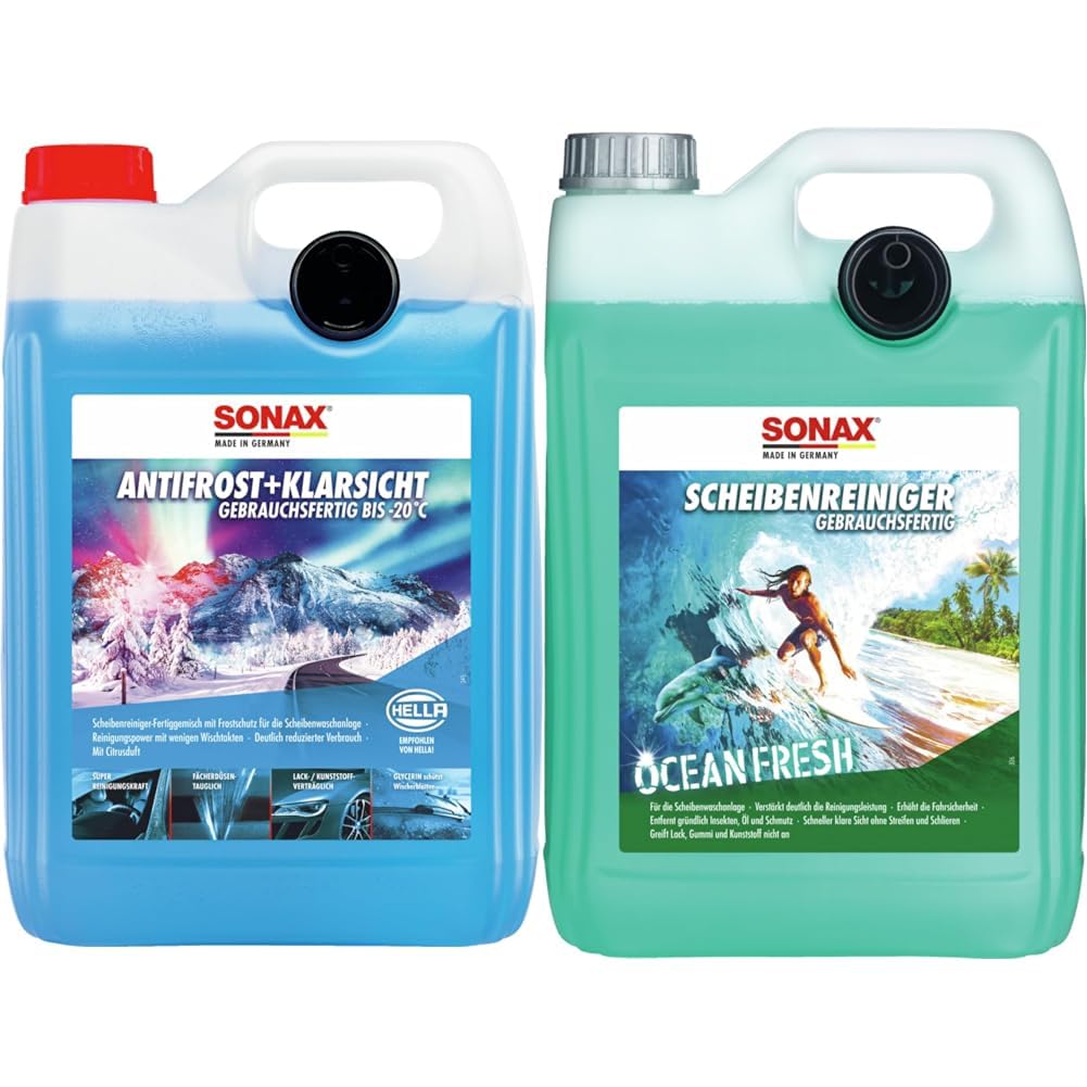 SONAX AntiFrost+KlarSicht Gebrauchsfertig bis -20°C 5 Liter 1 Stück & ScheibenReiniger gebrauchsfertig Ocean-Fresh 5 Liter gebrauchsfertiger Reiniger von SONAX