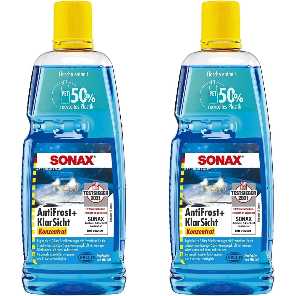 SONAX AntiFrost+KlarSicht Konzentrat (1 Liter) ergibt bis zu 3 Liter Winter-Scheibenwaschwasser, sofort mischbereit, schlierenfrei, Antikalk-Effekt | Art-Nr. 03323000 (Packung mit 2) von SONAX