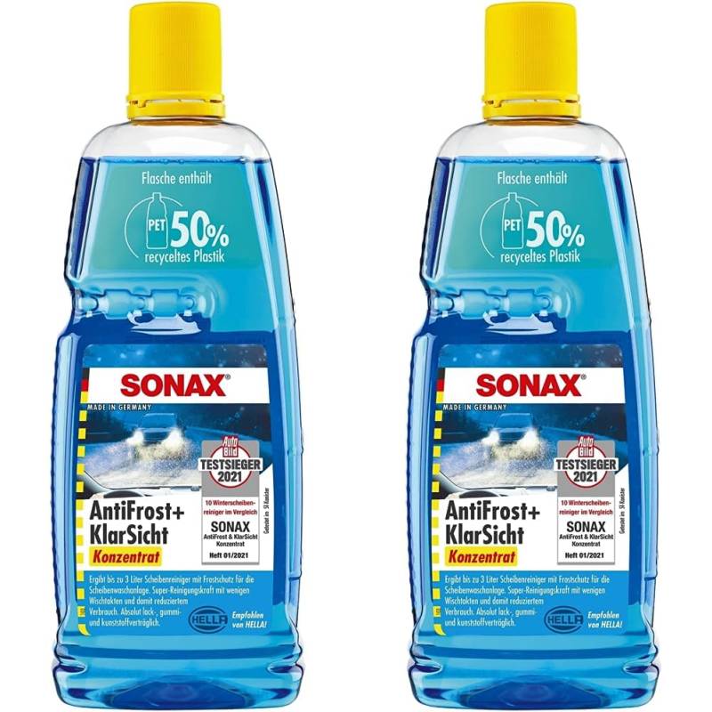 SONAX AntiFrost+KlarSicht Konzentrat (1 Liter) ergibt bis zu 3 Liter Winter-Scheibenwaschwasser, sofort mischbereit, schlierenfrei, Antikalk-Effekt | Art-Nr. 03323000 (Packung mit 2) von SONAX