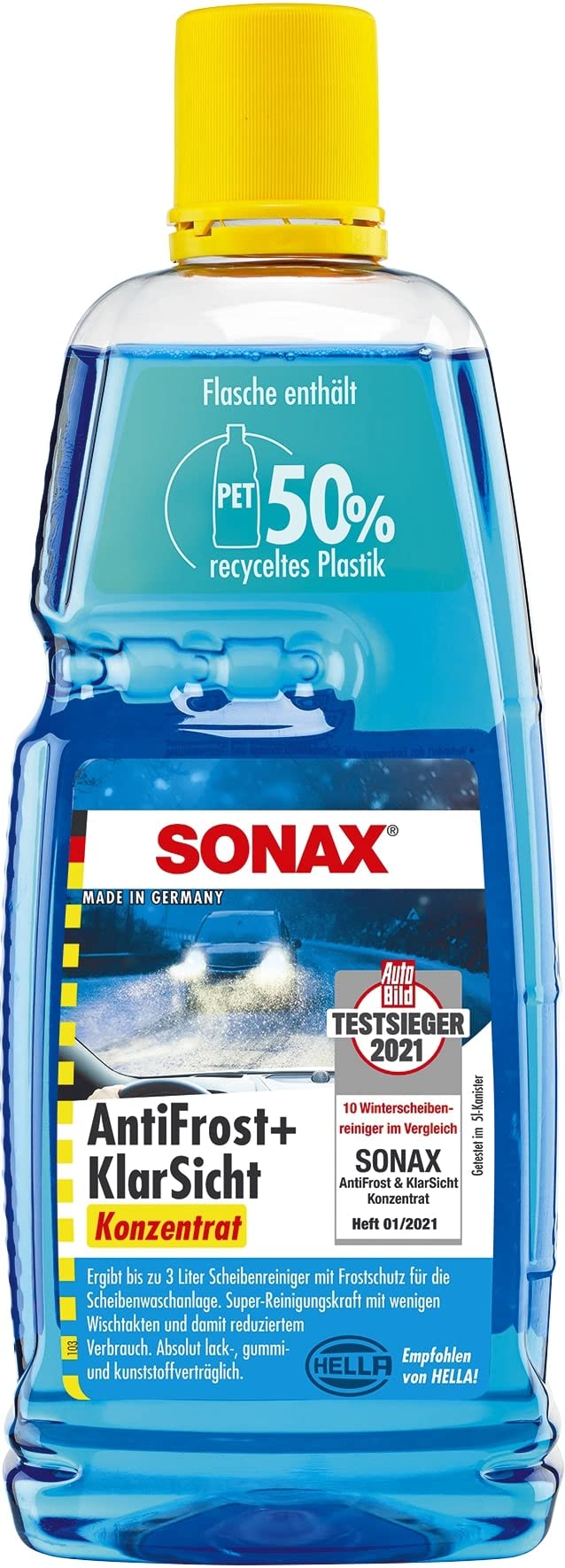 SONAX AntiFrost+KlarSicht Konzentrat (1 Liter) ergibt bis zu 3 Liter Winter-Scheibenwischwasser, sofort mischbereit, schlierenfrei, Antikalk-Effekt | Art-Nr. 03323000 von SONAX