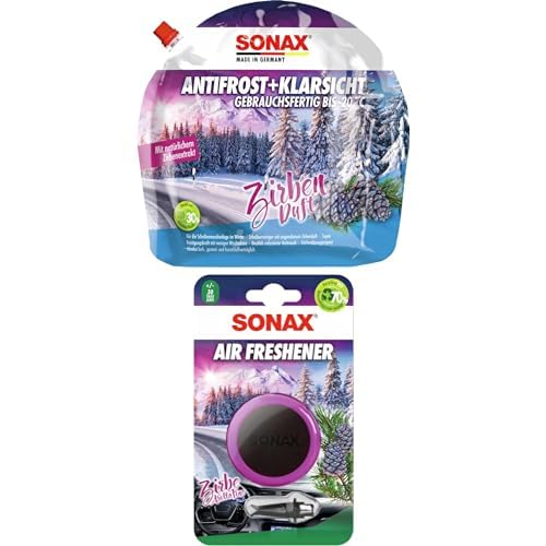 SONAX AntiFrost+KlarSicht Zirbe Gebrauchsfertig bis -20°C (3 Liter) | Art-Nr. 01314410 Air Freshener Zirbe (1 Stück) | Art-Nr. 03670410 von SONAX