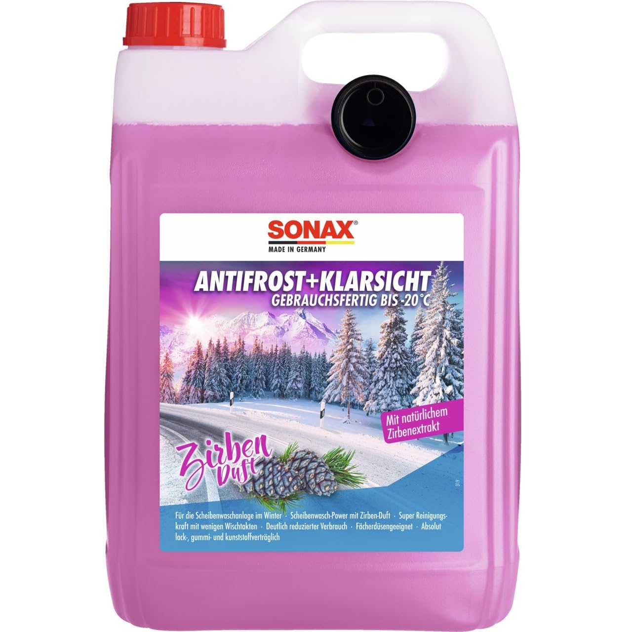 SONAX AntiFrost+KlarSicht Zirbe Gebrauchsfertig bis -20°C (5 Liter) schneller, schlierenfreier & effektiver Scheibenreiniger für den Winter | Art-Nr. 01315000 von SONAX