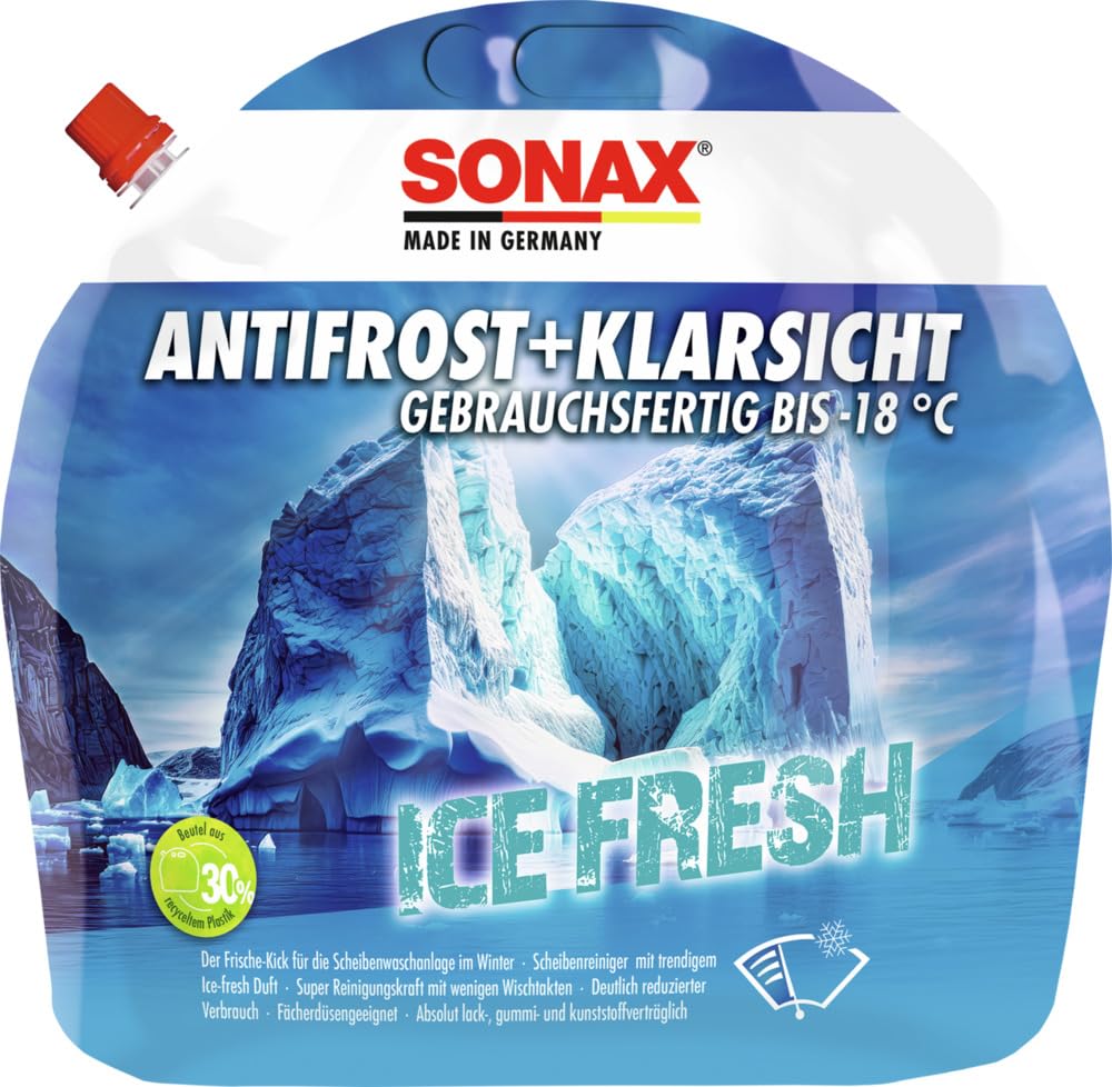 SONAX AntiFrost+KlarSicht bis -18 °C Ice Fresh (3 Liter) gebrauchsfertiger Scheibenreiniger mit trendigem Ice-Fresh-Duft für die Scheibenwaschanlage im Winter | Art-Nr. 01334090 von SONAX