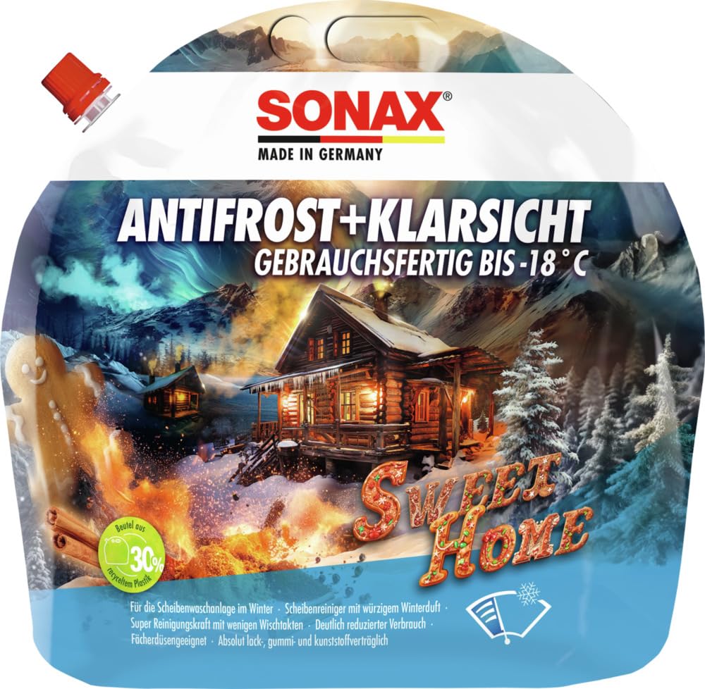 SONAX AntiFrost+KlarSicht bis -18 °C Sweet Home (3 Liter) schneller, schlierenfreier und effektiver Scheibenreiniger für den Winter | Art-Nr. 01364410 von SONAX