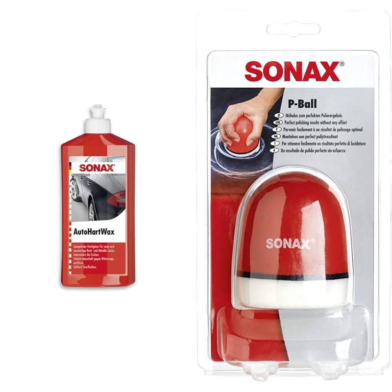 SONAX AutoHartWax (500 ml) flüssig, für Neue und neuwertige Bunt- und Metallic-Lacke | Art-Nr. 03012000 & P-Ball (1 Stück) mühelos und schnell zum perfekten Polierergebnis | Art-Nr. 04173410 von SONAX