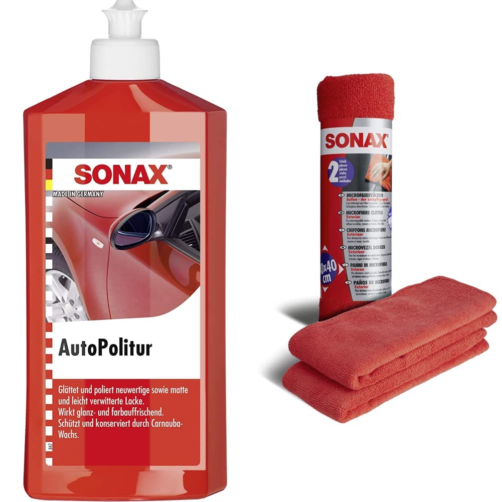 SONAX AutoPolitur (500 ml) für neuwertige, matte und leicht verwitterte Bunt- und Metallic-Lacke & MicrofaserTücher Außen - der Lackpflegeprofi (2 Stück) hochwertig und flauschig von SONAX