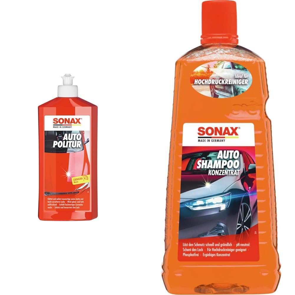 SONAX AutoPolitur (500 ml) & AutoShampoo Konzentrat (2 Liter) durchdringt und löst Schmutz gründlich, ohne Angreifen der Wachs-Schutzschicht | Art-Nr. 03145410 von SONAX