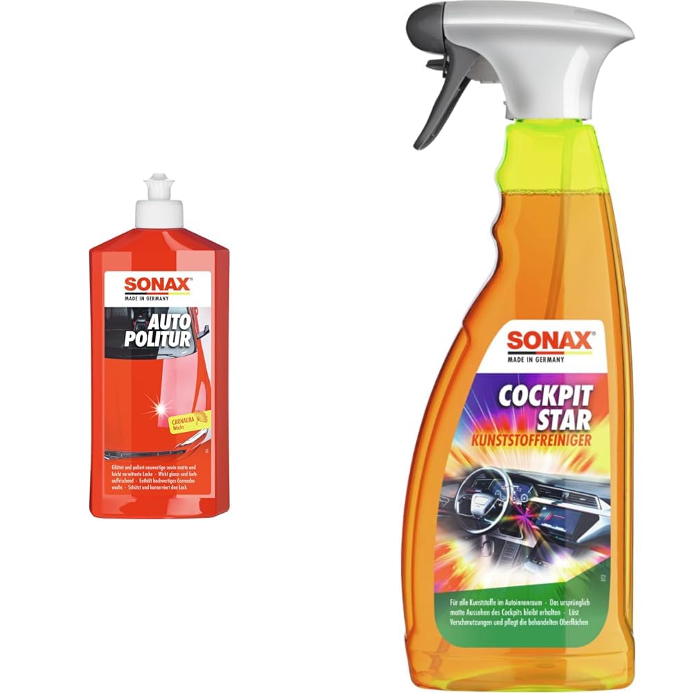 SONAX AutoPolitur (500 ml) & CockpitStar (750 ml) Cockpitreiniger reinigt und pflegt alle Kunststoffteile im Auto, antistatisch und staubabweisend/Art-Nr. 02494000 von SONAX