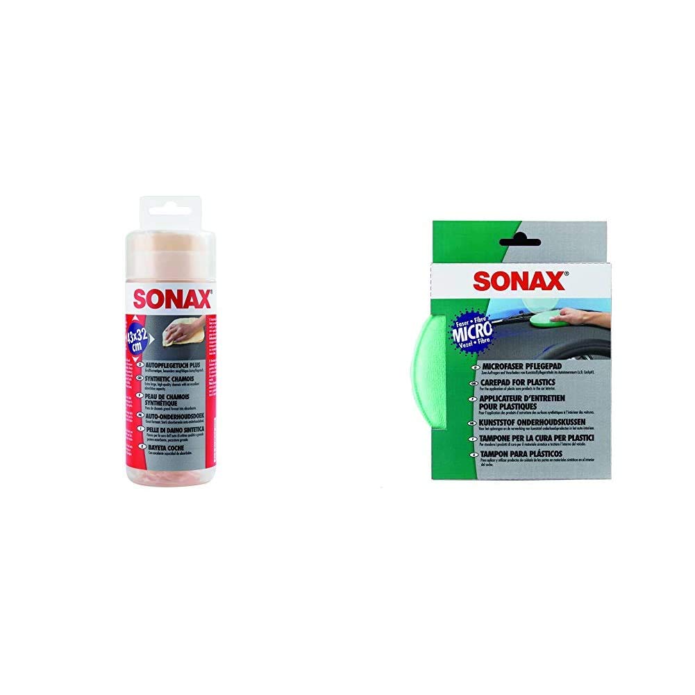SONAX AutopflegeTuch Plus (1 Stück) großformatig und besonders saugfähig mit weiderverschließbarer Box & MicrofaserPflegePad (1 Stück) für gleichmäßiges Auftragen von Kunststoffpflegemitteln von SONAX