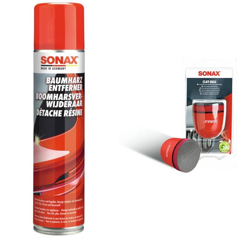 SONAX BaumharzEntferner (400 ml) & Clay-Ball (1 Stück) Problemlöser gegen hartnäckige Verschmutzungen auf Lack und Glas | Art-Nr. 04197000 von SONAX