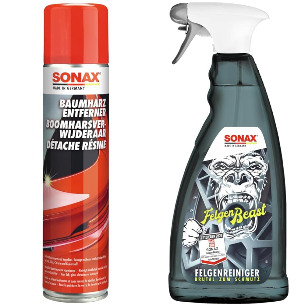 SONAX BaumharzEntferner (400 ml) & FelgenBeast (1 Liter) Felgenreiniger für alle polierten, verchromten und matten Stahl- & Leichtmetallfelgen | Art-Nr. 04333000 von SONAX