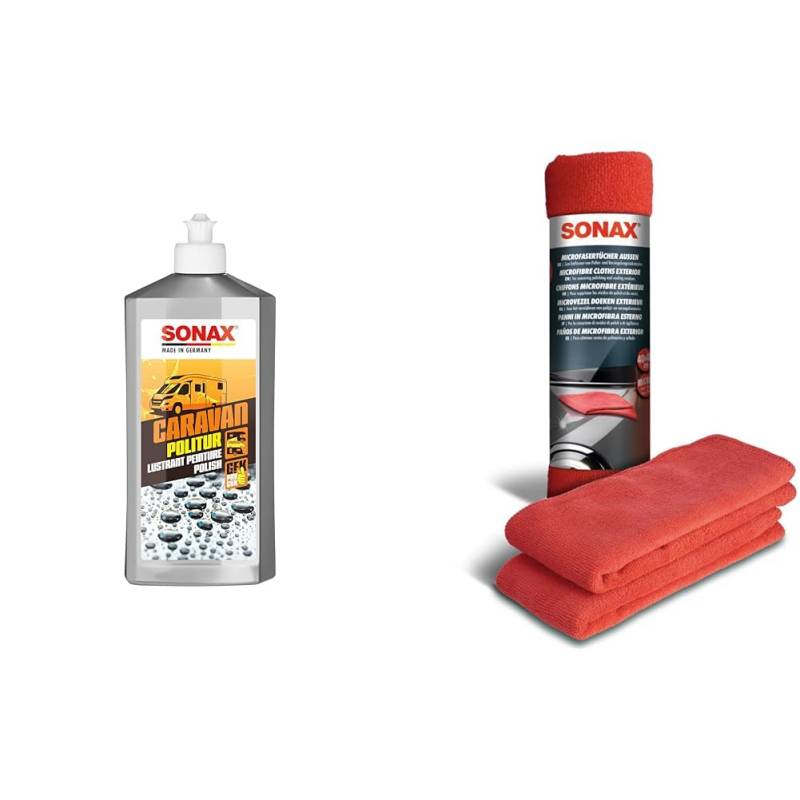 SONAX CARAVAN Politur (500 ml) zum Glätten verwitterter & matter Lacke & GFK | Art-Nr. 07022000 & MicrofaserTücher Außen (2 Stück) der Lackpflegeprofi von SONAX