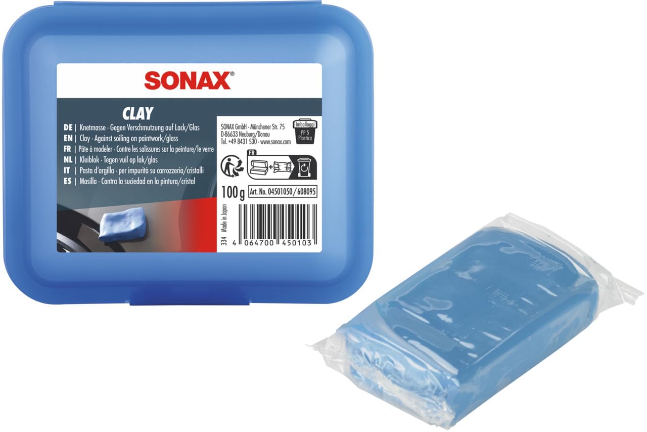 SONAX Clay (100 g) Hochwertige und langlebige Knetmasse zur Entfernung von festhaftenden Verschmutzungen auf Lack, Glas und Chrom. Formstabil und klebt Nicht an | Art-Nr. 04501050 von SONAX