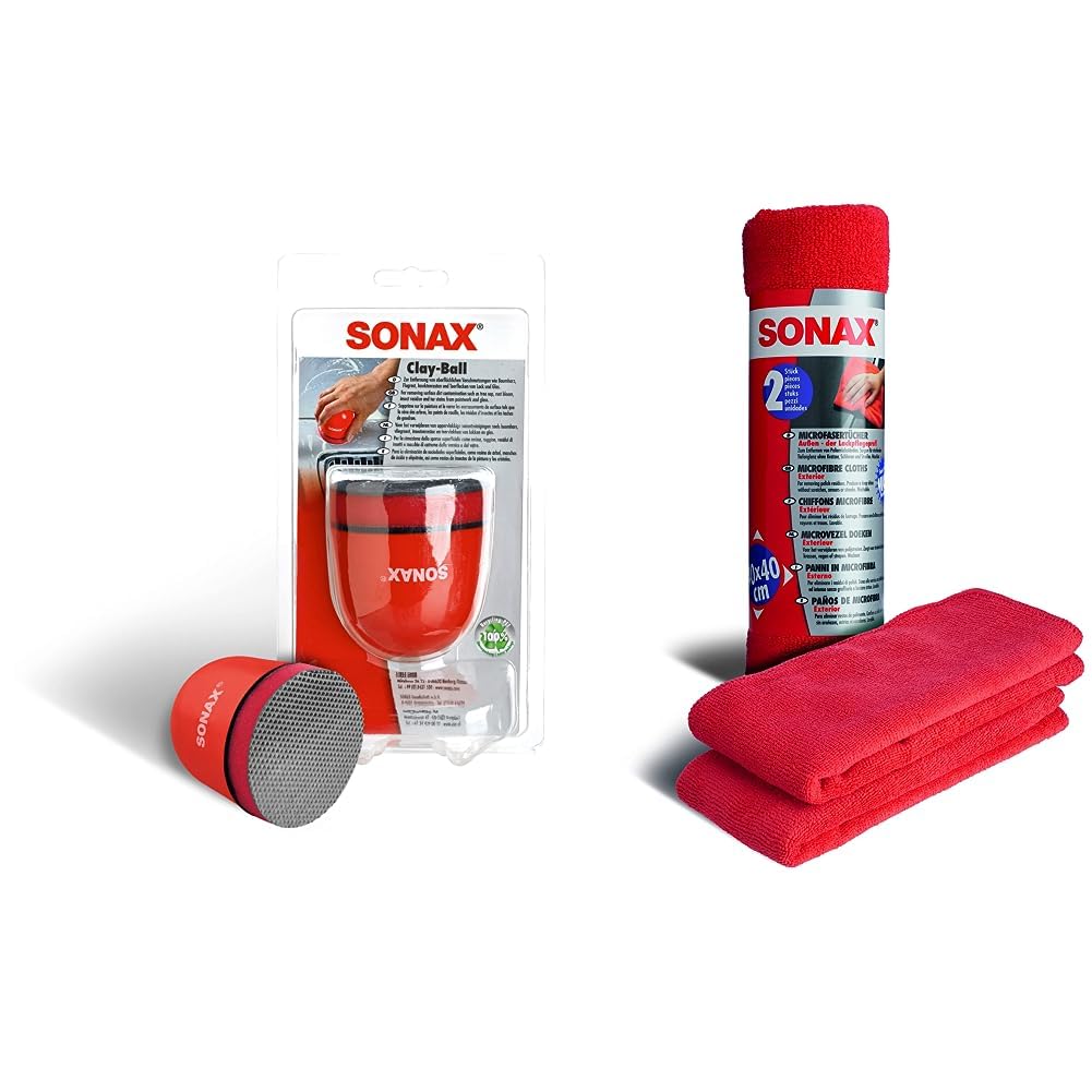 SONAX Clay-Ball (1 Stück) Problemlöser gegen hartnäckige Verschmutzungen auf Lack und Glas | Art-Nr. 04197000 & MicrofaserTücher Außen (2 Stück) der Lackpflegeprofi, hochwertig und flauschig von SONAX