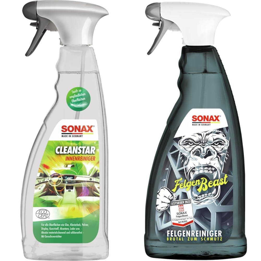 SONAX CleanStar (750 ml) für alle Oberflächen im Autoinnenraum & FelgenBeast (1 Liter) Felgenreiniger für alle polierten, verchromten und matten Stahl- & Leichtmetallfelgen | Art-Nr. 04333000 von SONAX