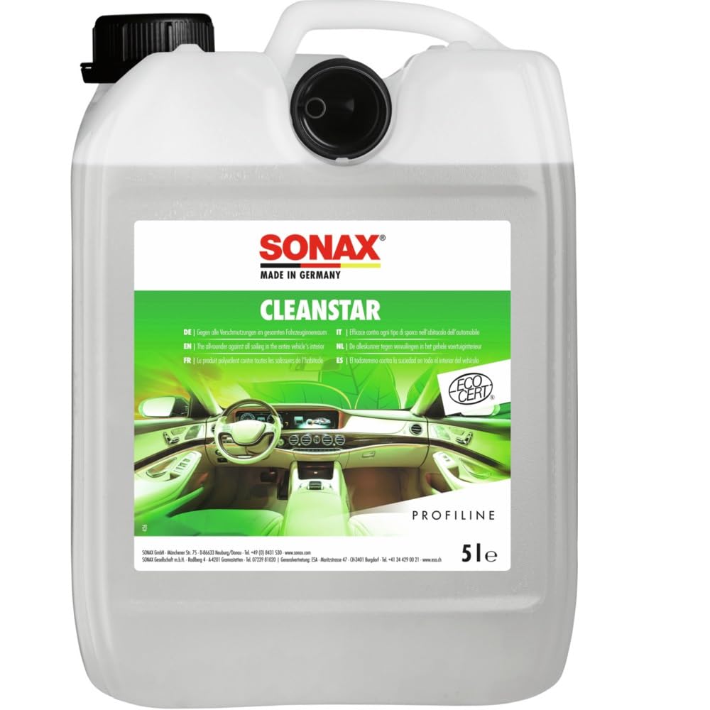 SONAX CleanStar Ecocert (5 Liter) für alle Oberflächen im Autoinnenraum wie z.B. Glas, Polster, Kunststoff, Leder usw. | Art-Nr. 02535050 von SONAX