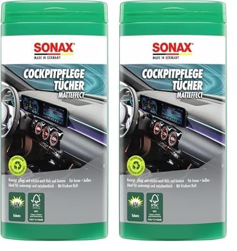 SONAX CockpitPflegeTücher Matteffect Box (25 Stück) Feuchte Tücher reinigen, pflegen und schützen alle Kunststoffteile, Holz und Gummi | Art-Nr. 04158410, Green (Packung mit 2) von SONAX