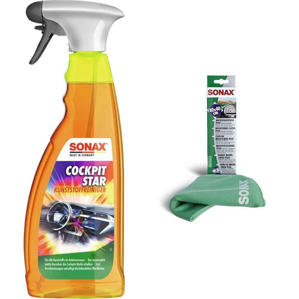 SONAX CockpitStar (750 ml) Cockpitreiniger & MicrofaserTuch PLUS Innen+Scheibe (1 Stück) extrem fein ohne Streifen, Schlieren und Fusseln zu hinterlassen | Art-Nr. 04165000 von SONAX