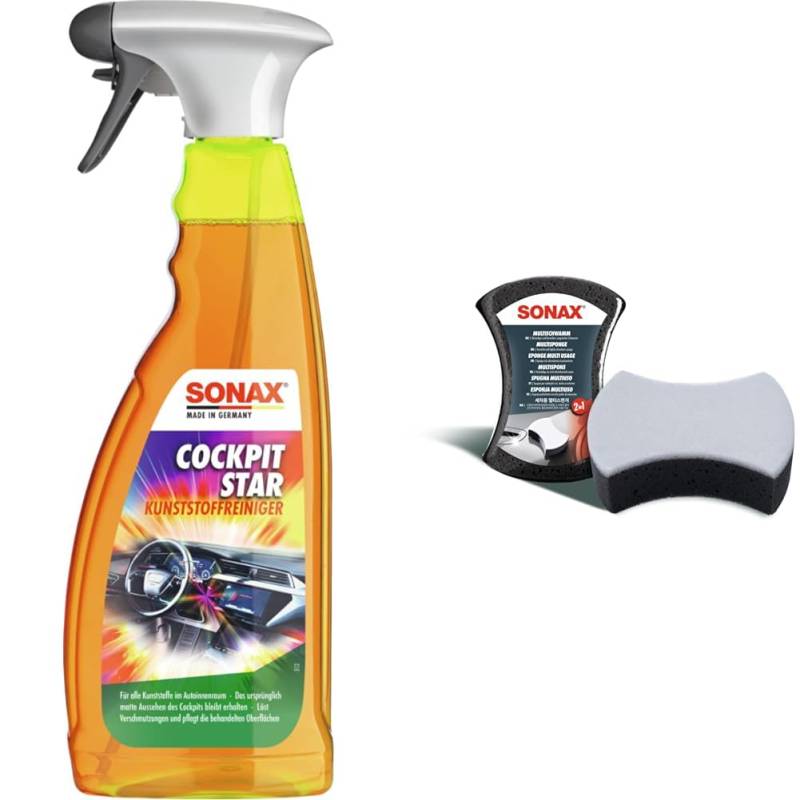 SONAX CockpitStar (750 ml) Cockpitreiniger & MultiSchwamm (1 Stück) besonders saugstarker Alleskönner für die Autoreinigung, Ar-Nr. 04280000 [Energieklasse B] von SONAX