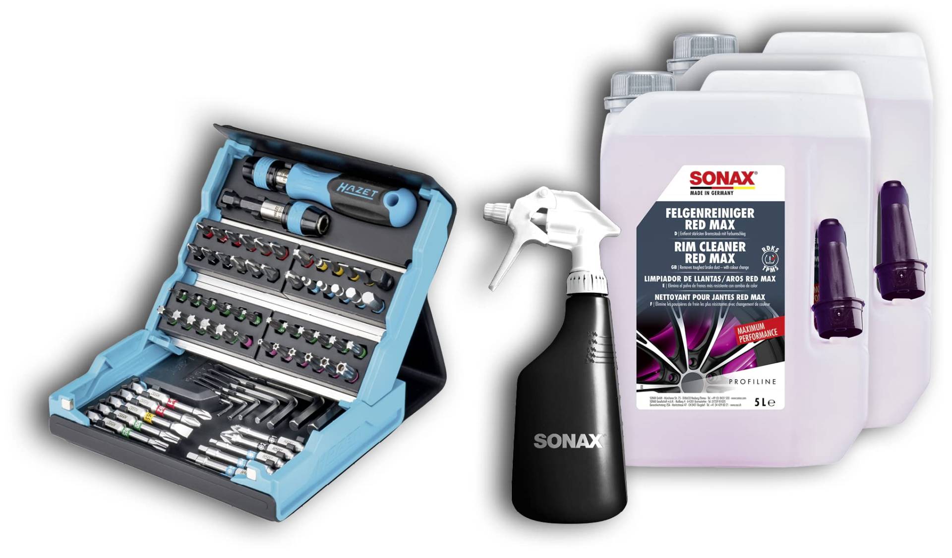 SONAX Felge + Technik Paket Frühjahr - SONAX Felgenreiniger Red Max (2 x 5 Liter) mit SONAX Spühboy (1 Stück) und einem Hazet SmartCase Bit Satz 2000SC-1 | Art-Nr. 07695050 von SONAX