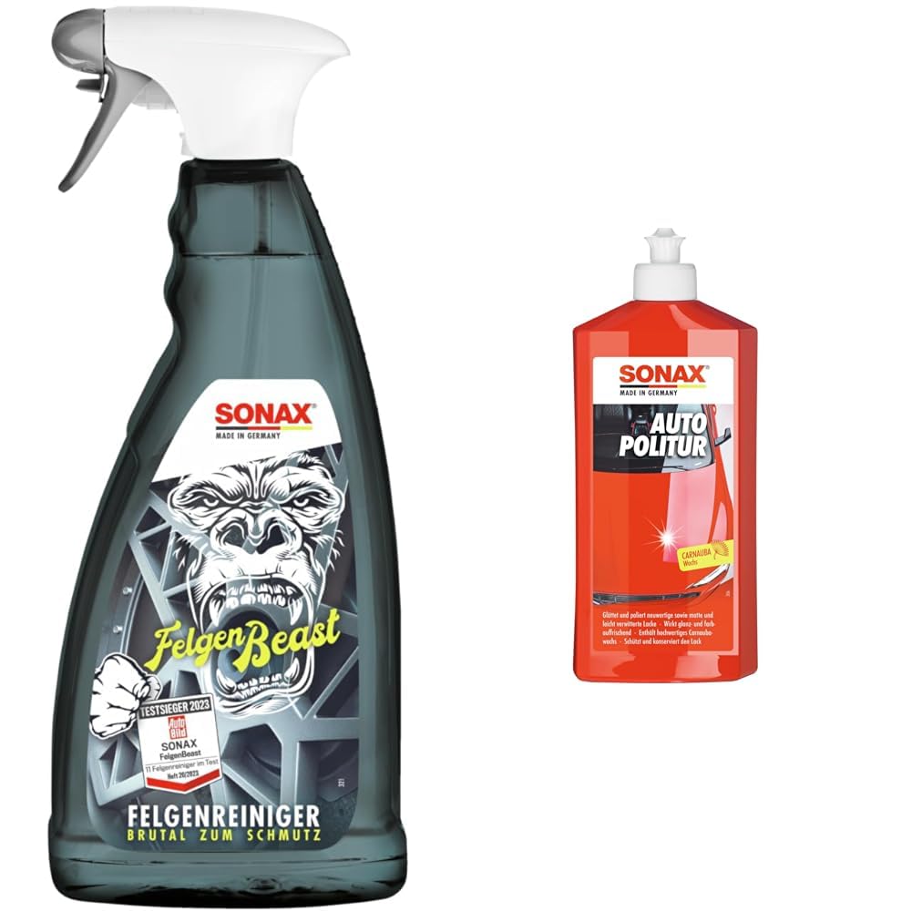 SONAX FelgenBeast (1 Liter) Felgenreiniger & AutoPolitur (500 ml) für neuwertige, matte und leicht verwitterte Bunt- und Metallic-Lacke | Art-Nr. 0300200 von SONAX