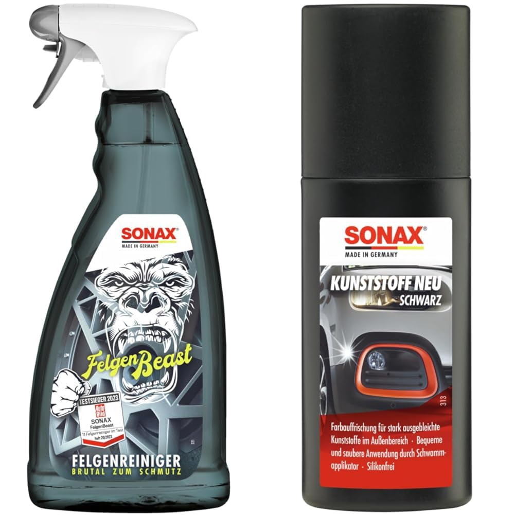 SONAX FelgenBeast (1 Liter) Felgenreiniger & Kunststoff Neu Schwarz (100 ml) zur Farbauffrischung stark ausgebleichter Kunststoffe im Fahrzeugaußenbereich | Art-Nr. 04091000 von SONAX