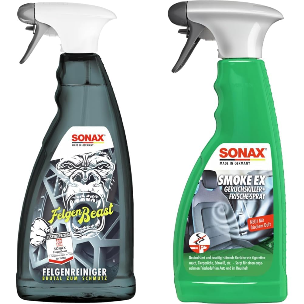 SONAX FelgenBeast (1 Liter) Felgenreiniger & SmokeEx Geruchskiller + Frische-Spray (500 ml) befreit Textilien zuverlässig und langanhaltend von störenden und unangenehmen Gerüchen | Art-Nr. 02922410 von SONAX