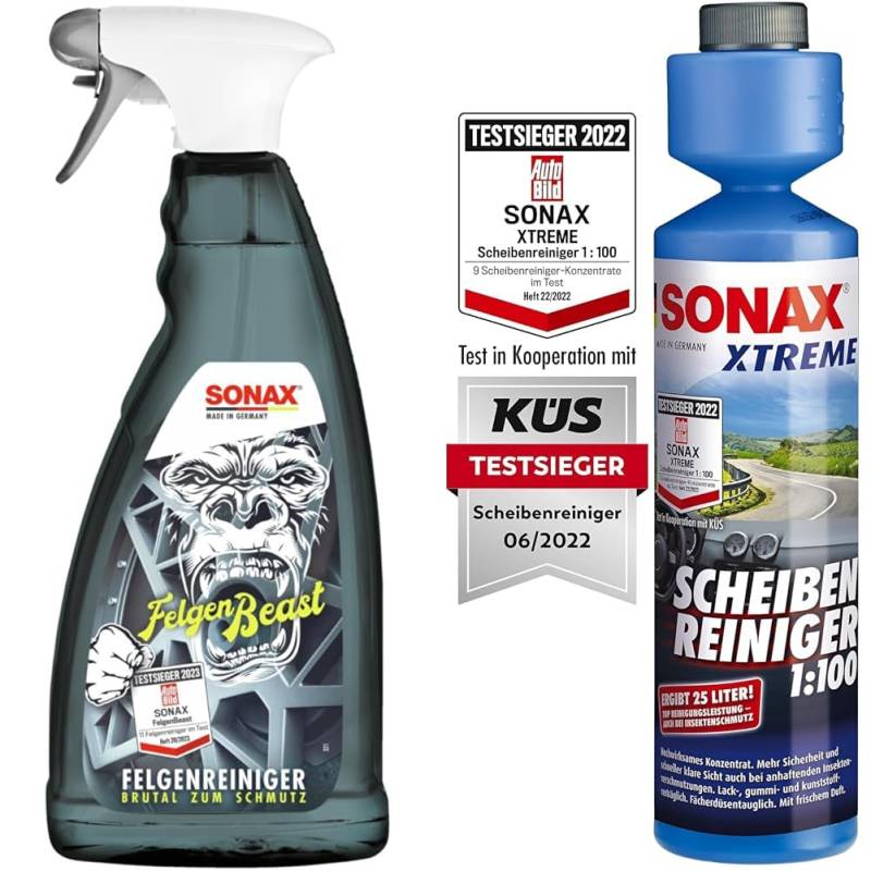 SONAX FelgenBeast (1 Liter) Felgenreiniger & XTREME ScheibenReiniger 1:100 (250 ml) sorgt sekundenschnell für klare Sicht | Art-Nr. 02711410, (1er Pack) von SONAX