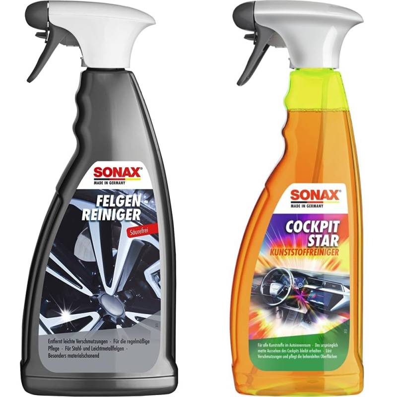 SONAX FelgenReiniger (1 Liter) säurefrei für Leichtmetall- & Stahlfelgen & CockpitStar (750 ml) reinigt und pflegt alle Kunststoffteile im Auto von SONAX