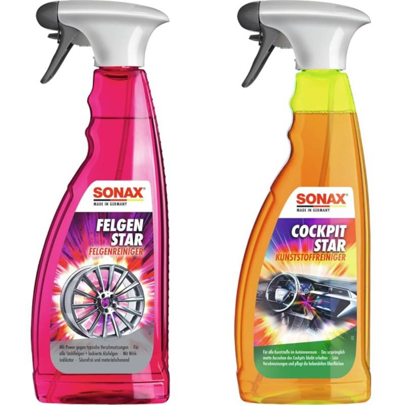 SONAX FelgenStar (750 ml) säurefreier Felgenreiniger & CockpitStar (750 ml) Cockpitreiniger reinigt und pflegt alle Kunststoffteile im Auto, antistatisch und staubabweisend/Art-Nr. 02494000 von SONAX