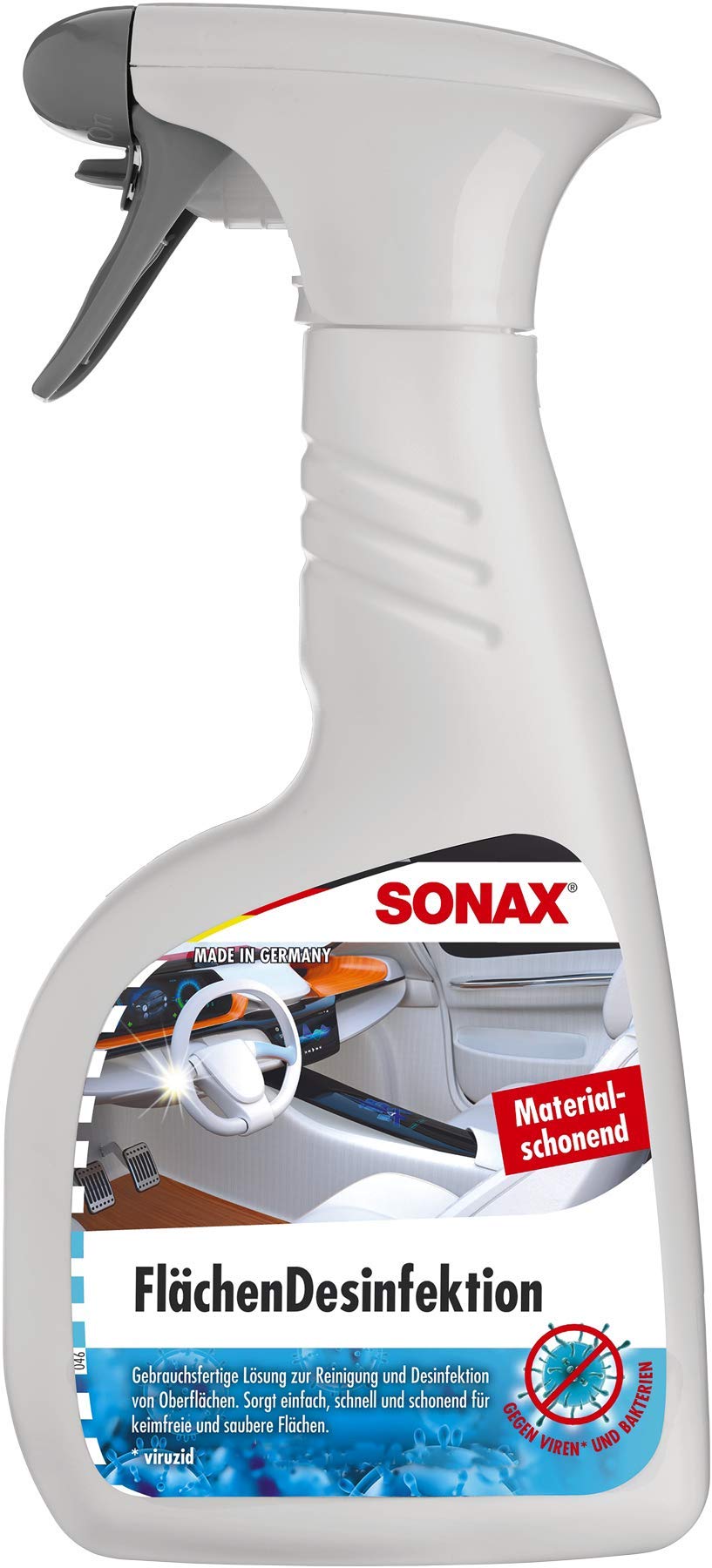 SONAX Flächendesinfektion (500 ml) zur Reinigung und Desinfektion von Allen harten Oberflächen rund ums Auto. Hochwirksam gegen Bakterien & Viren und materialschonend | Art-Nr. 04032410 von SONAX