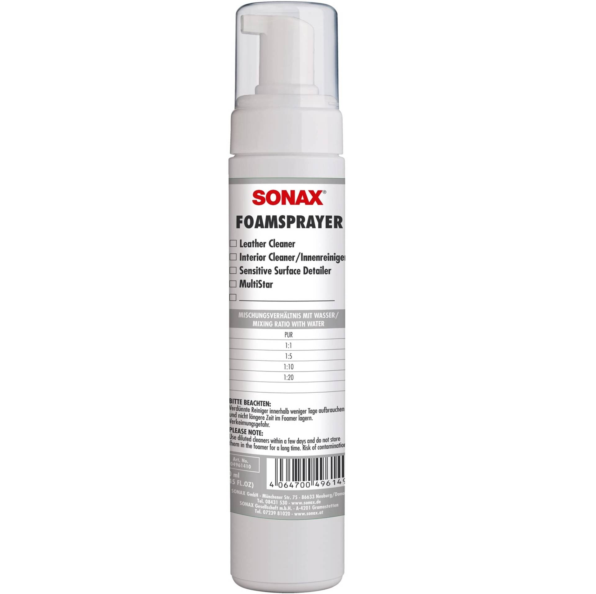 SONAX FoamSprayer (250 ml) Schaumsprüher erzeugt einen voluminösen, lange stehenden Schaum. Verwendbar im Fahrzeuginnenraum | Art-Nr. 04961410 von SONAX