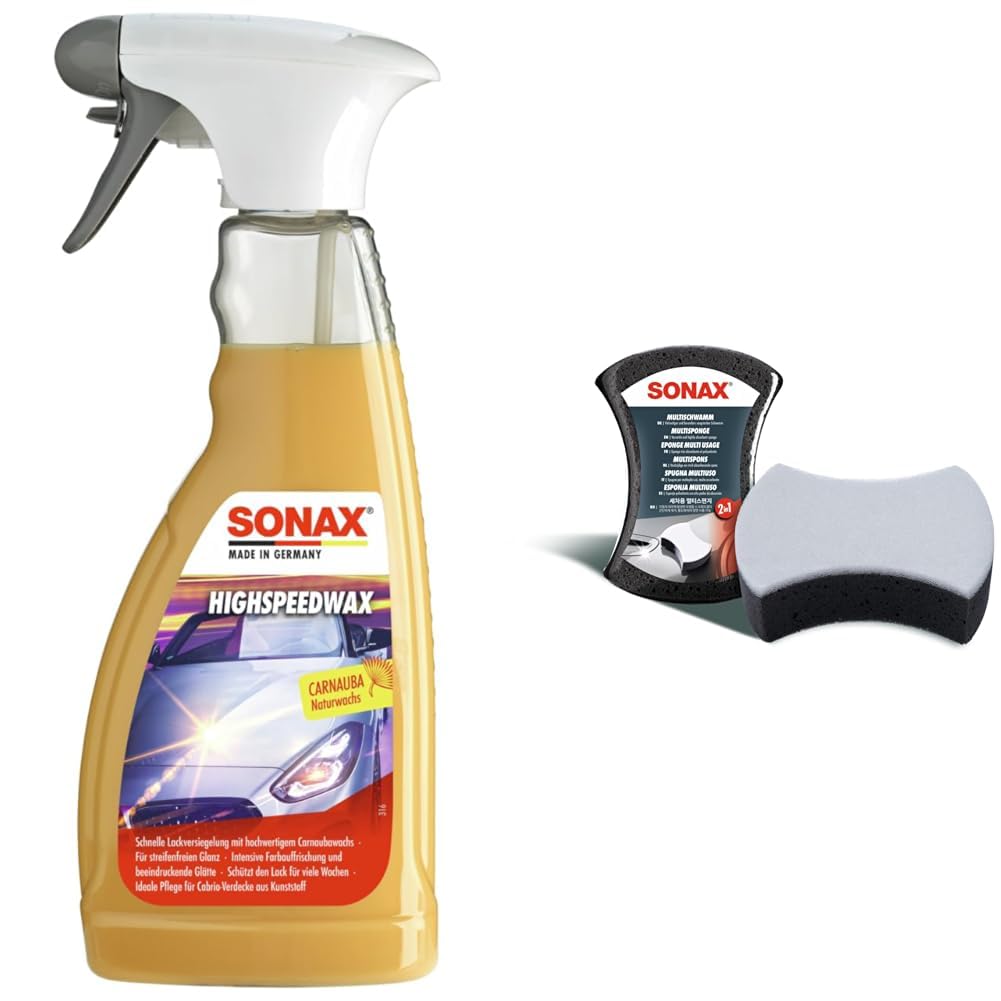 SONAX HighSpeedWax (500 ml) blitzschnelle Lackversiegelung & MultiSchwamm (1 Stück) besonders saugstarker Alleskönner für die Autoreinigung, Ar-Nr. 04280000 [Energieklasse B] von SONAX