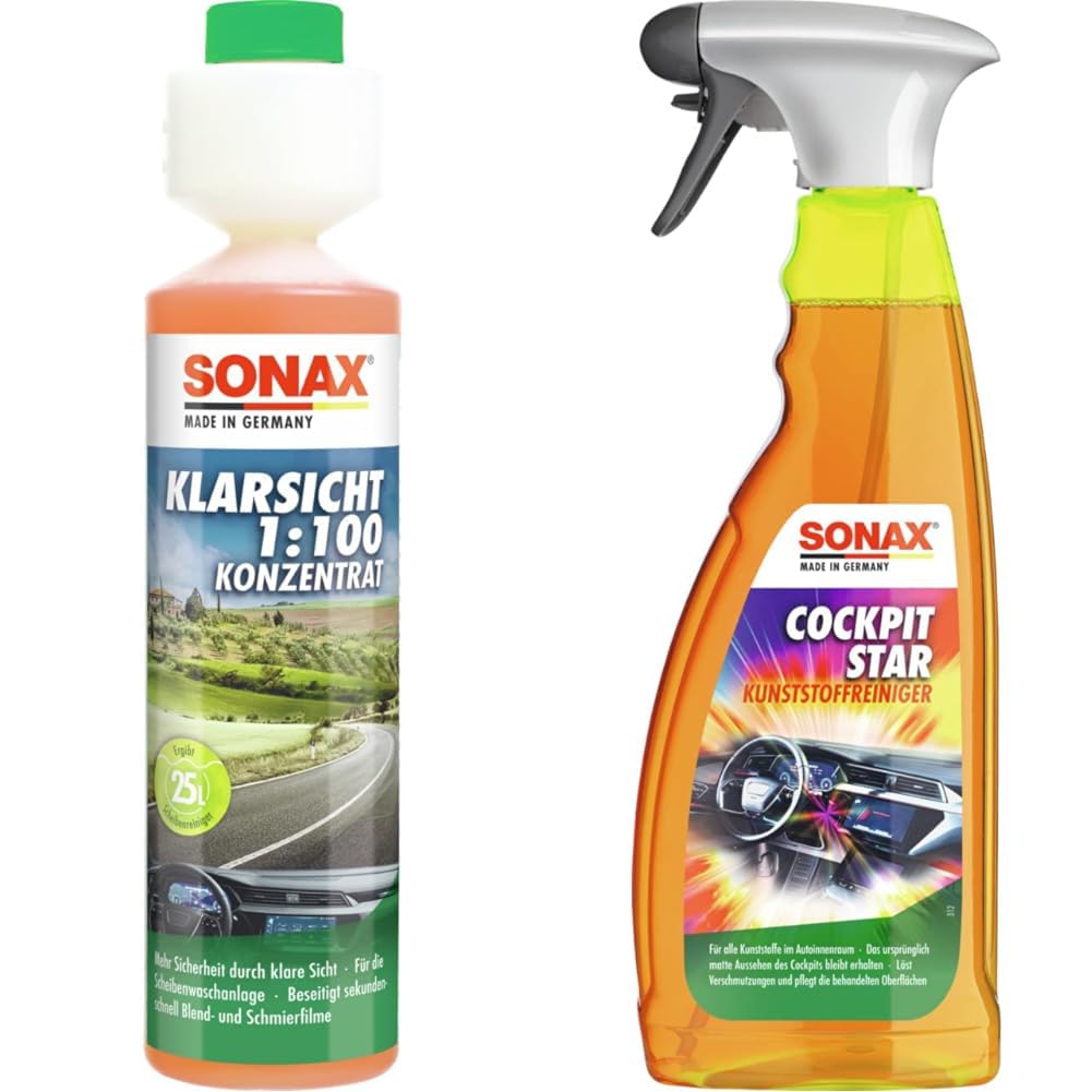 SONAX KlarSicht 1:100 Konzentrat (250 ml) Scheibenwischwasser Konzentrat & CockpitStar (750 ml) Cockpitreiniger reinigt und pflegt alle Kunststoffteile im Auto von SONAX