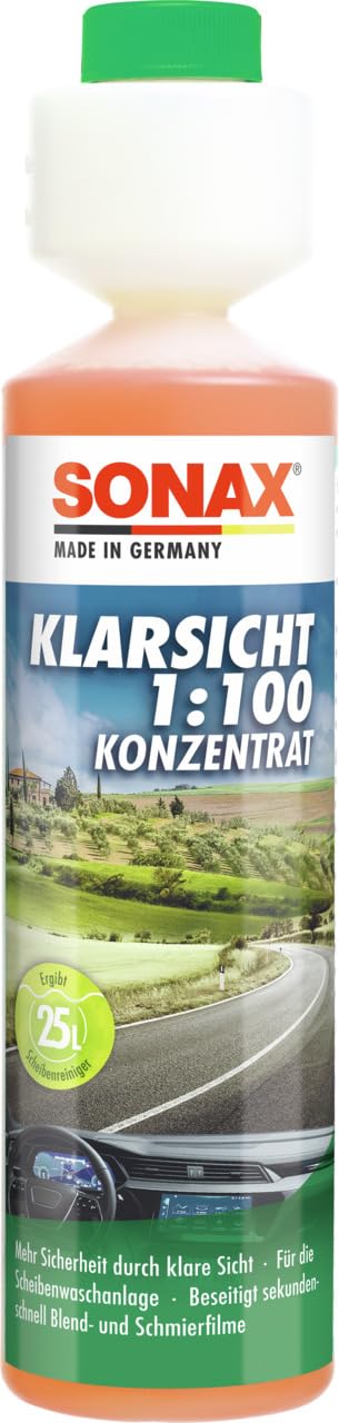 SONAX KlarSicht 1:100 Konzentrat (250 ml) hochkonzentrierter Reinigungszusatz für die Scheibenwaschanlage im Sommerbetrieb | Art-Nr. 03711410 von SONAX