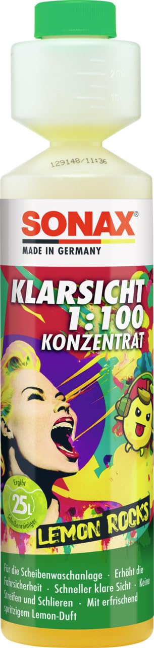 SONAX KlarSicht 1:100 Konzentrat Lemon Rocks (250 ml) Scheibenreiniger beseitigt sekundenschnell Insekten, Schmutz, Blend- & Schmierfilme | Art-Nr. 03701410 von SONAX