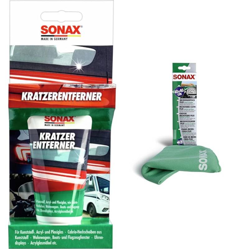 SONAX KratzerEntferner Kunststoff NanoPro & MicrofaserTuch PLUS Innen+Scheibe (1 Stück) extrem fein ohne Streifen, Schlieren und Fusseln zu hinterlassen | Art-Nr. 04165000 von SONAX