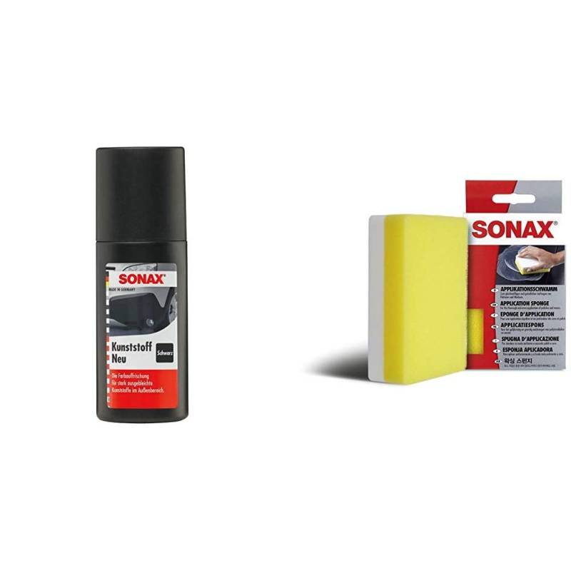 SONAX Kunststoff Neu Schwarz (100 ml) zur Farbauffrischung stark ausgebleichter Kunststoffe im Fahrzeugaußenbereich & ApplikationsSchwamm (1 Stück) zum Auftragen und Verarbeiten von SONAX