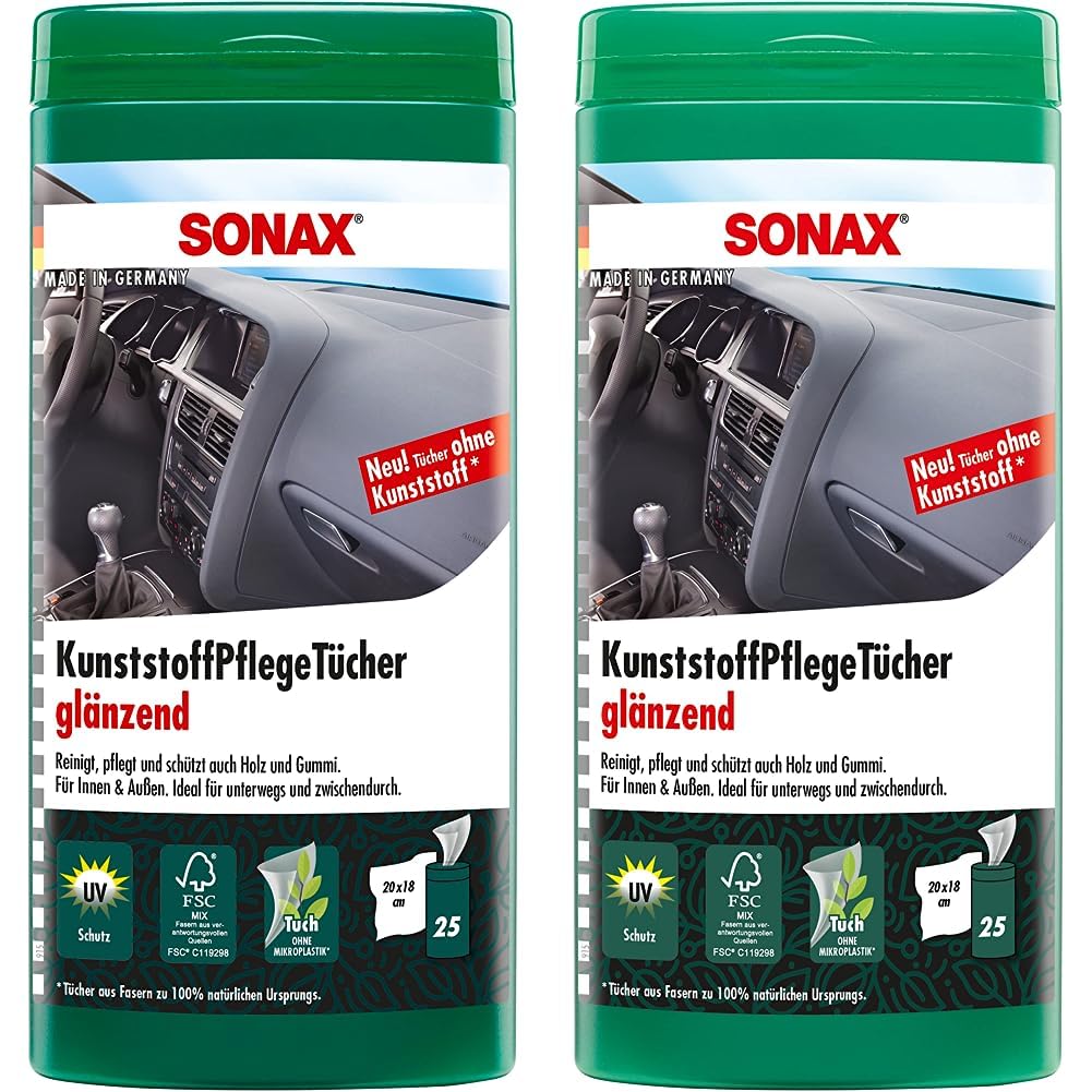 SONAX KunststoffPflegeTücher glänzend Box (25 Stück) Feuchte Tücher reinigen, pflegen und verleihen Glanz in einem Arbeitsgang | Art-Nr. 04121000 (Packung mit 2) von SONAX