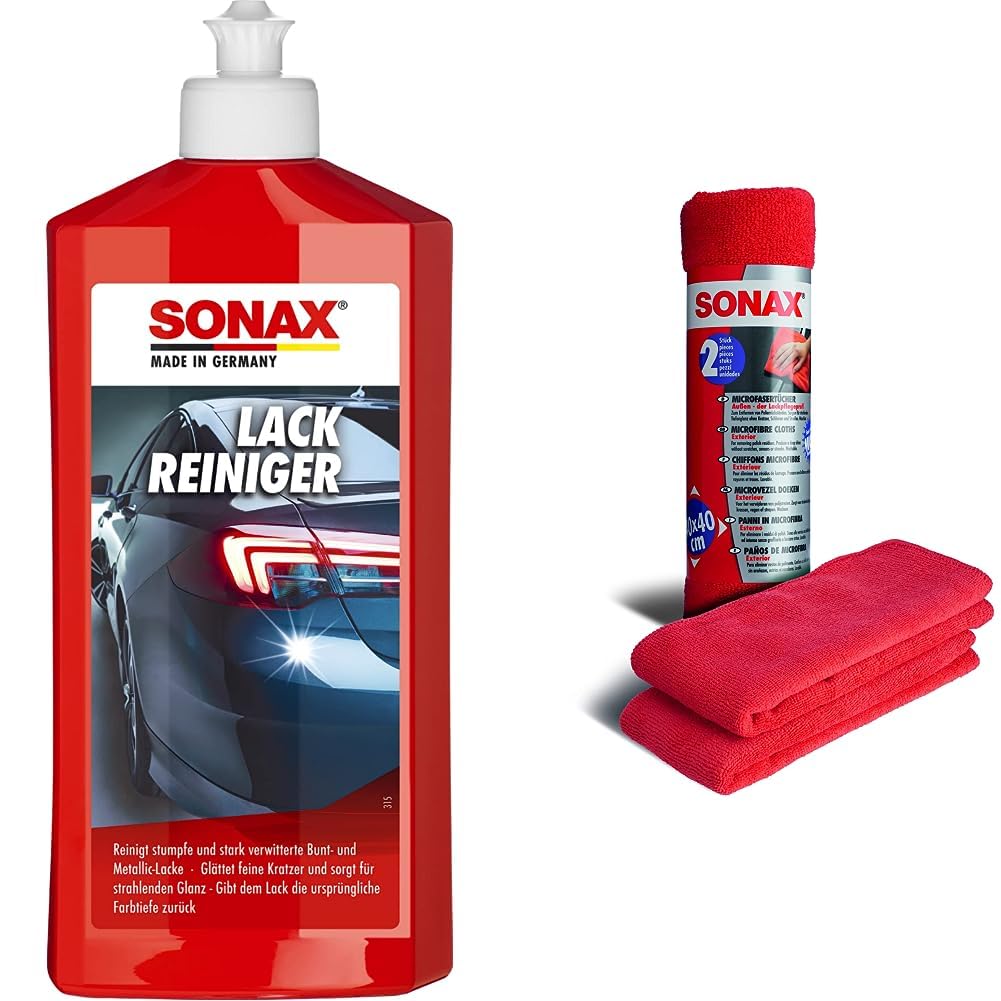 SONAX LackReiniger (500 ml) kraftvolle Politur für stumpfe und stark verwitterte Bunt- und MetallicLacke | Art-Nr. 03022000 & MicrofaserTücher Außen (2 Stück) der Lackpflegeprofi von SONAX