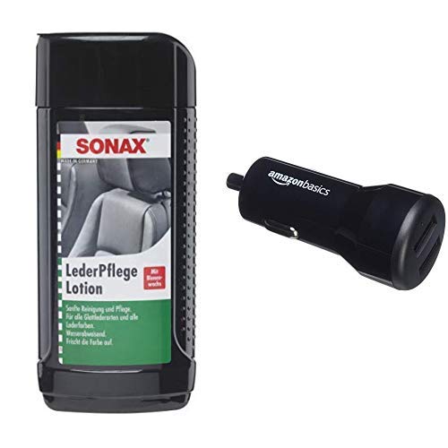 SONAX LederPflegeLotion (500 ml) wasserabweisende Lederpflege mit Bienenwachs für eine sanfte Reinigung und Pflege von Glattleder und Kunstleder | Art-Nr. 02912000 AmazonBasics - Kfz-Ladegerät für Apple- & Android-Geräte, USB-Anschluss: 2 Eingänge, 4,8 Ampere / 24 W, Schwarz von SONAX