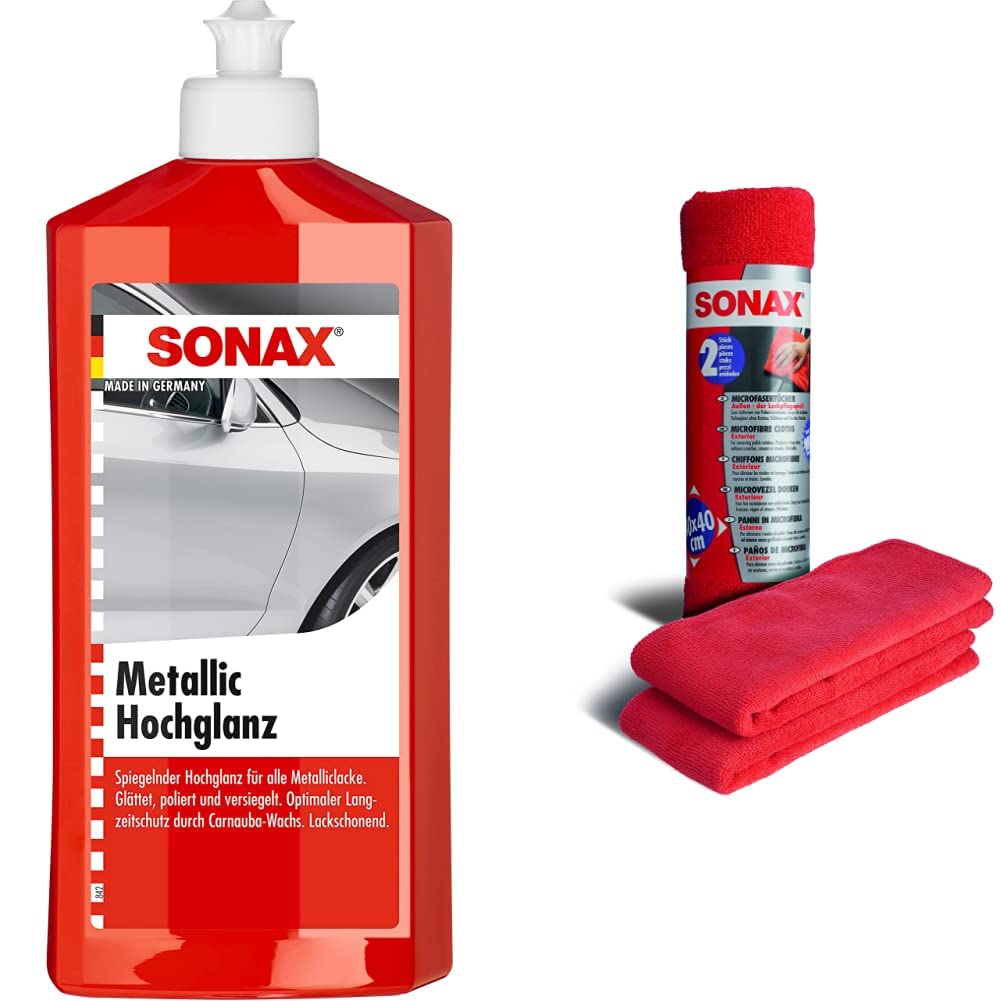 SONAX MetallicHochglanz (500 ml) & MicrofaserTücher Außen (2 Stück) der Lackpflegeprofi, hochwertig und flauschig, zum Entfernen von Polierrückständen | Art-Nr. 04162410 von SONAX